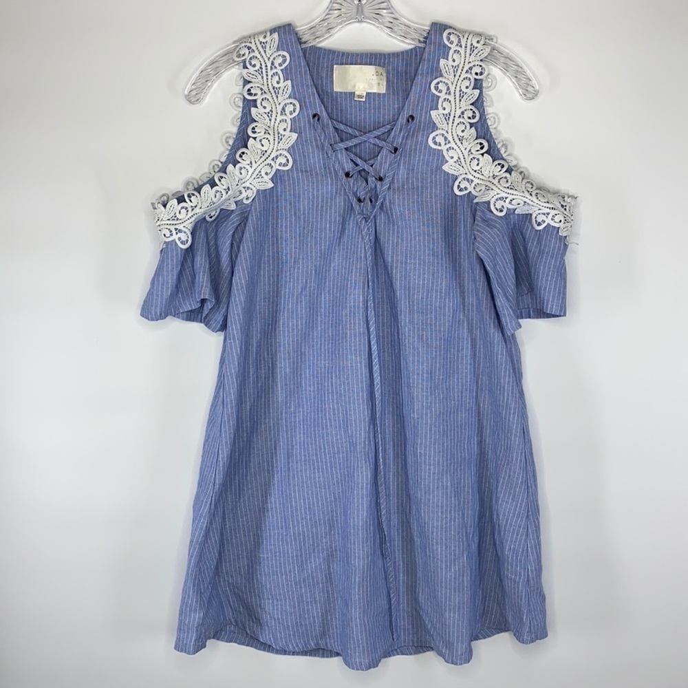 J.O.A Blue & White Striped Lace Trimmed Dress